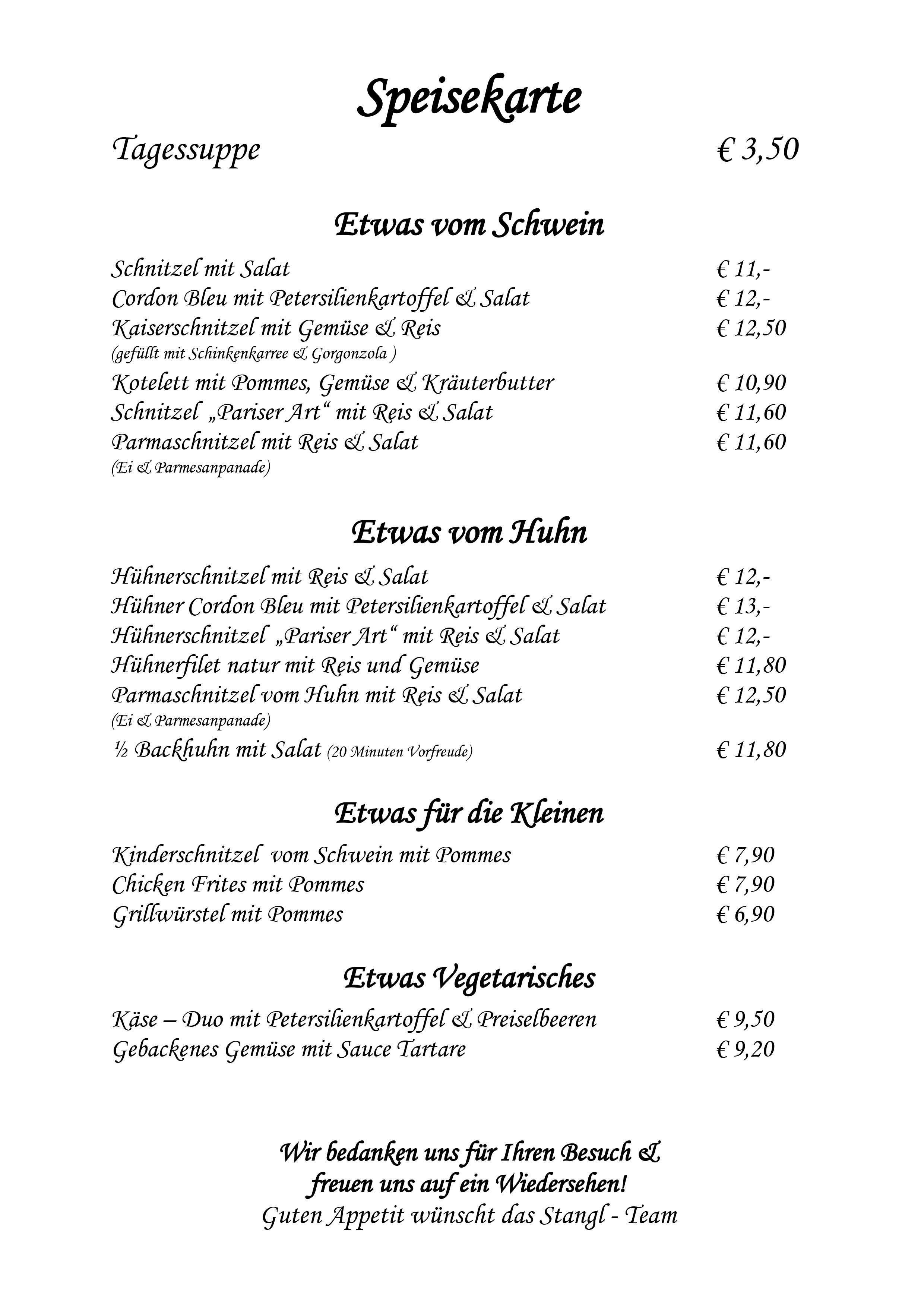 Gasthaus Stangl - Speisekarte